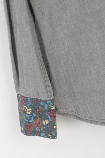 Nima Zaree Collection Uomo M Camicia casual Top manica lunga Boho floreale in cotone grigio