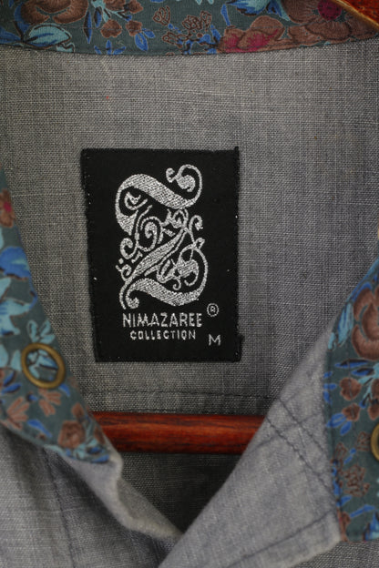 Nima Zaree Collection Men M Casual Shirt Grey Cotton Floral Boho Long Sleeve Top