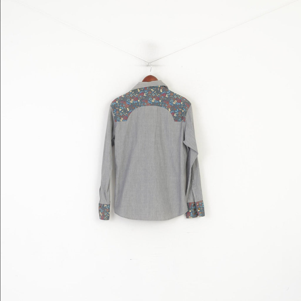 Nima Zaree Collection Men M Casual Shirt Grey Cotton Floral Boho Long Sleeve Top