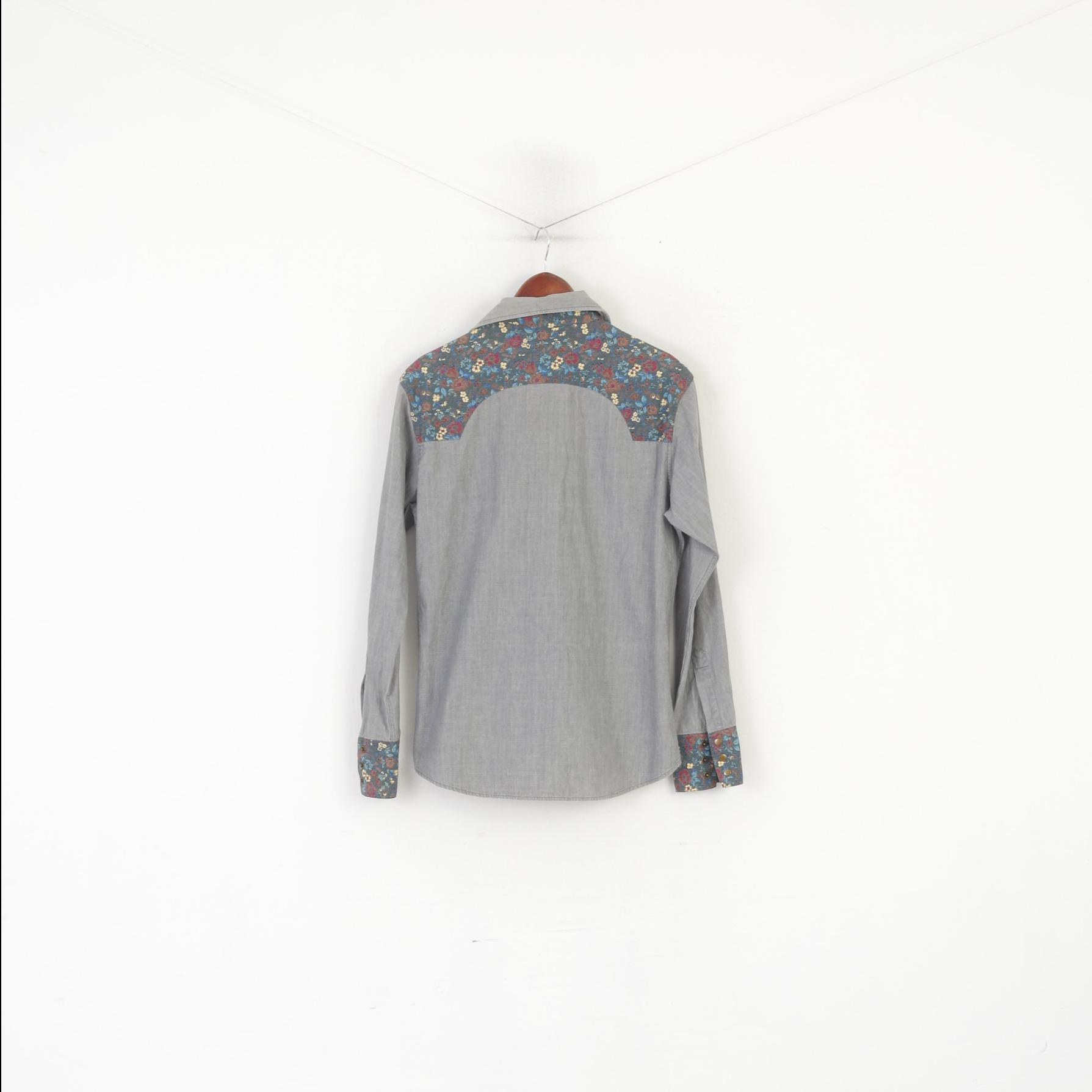 Nima Zaree Collection Men M Casual Shirt Grey Cotton Floral Boho Long Sleeve Top