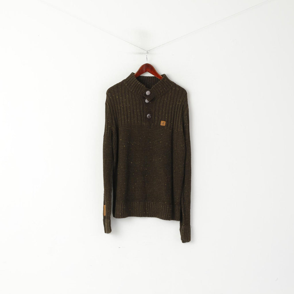 Kangol Men L Jumper Green Knitted Acrylic Button Neck Classic Sweater