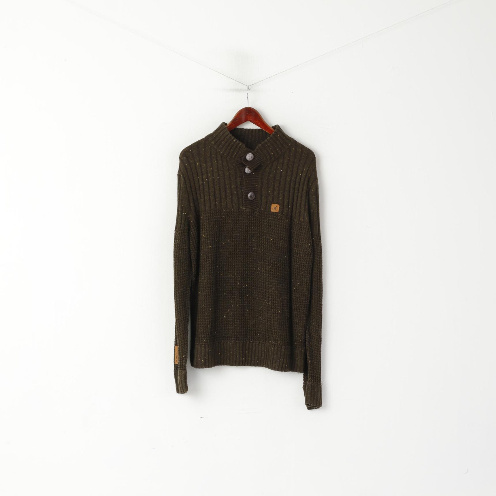 Kangol Men L Jumper Green Knitted Acrylic Button Neck Classic Sweater