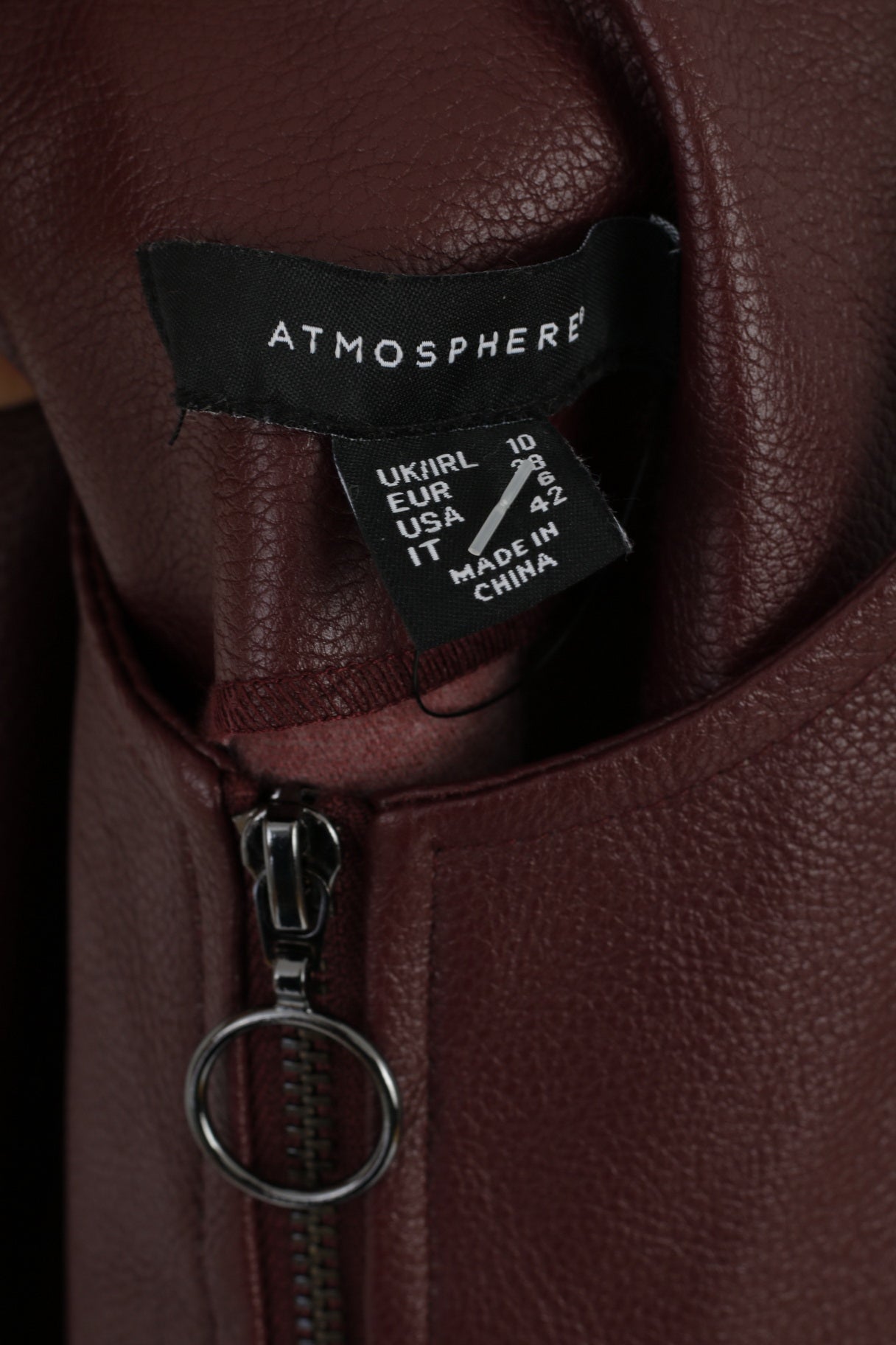 Atmosphere Womens 10 38 S Dress Leather Imitation Full Zipped Burgundy Mini