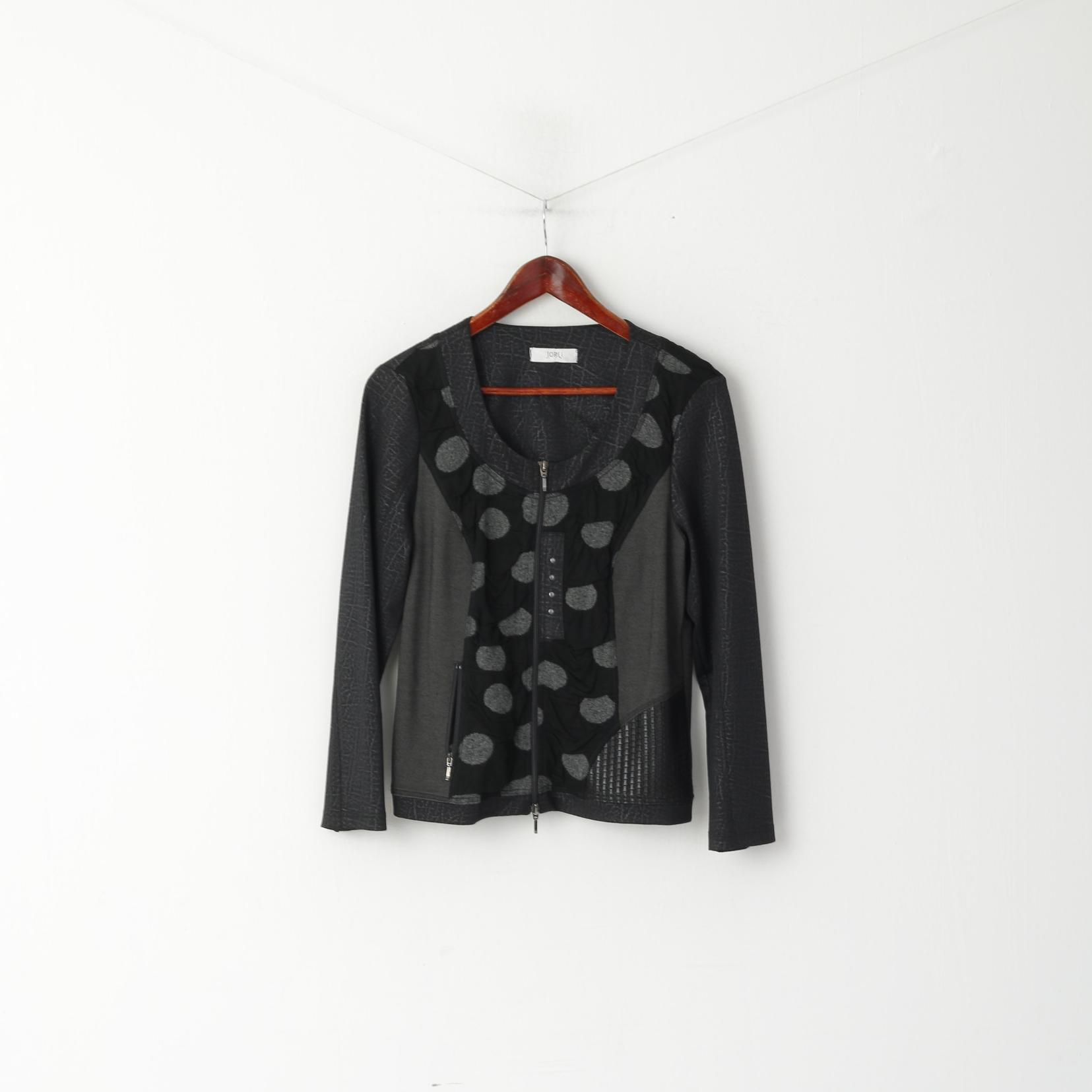 JORLI Femmes 14 40 M Pull Gris Zip Up Cardigan Patchwork Stretch Top