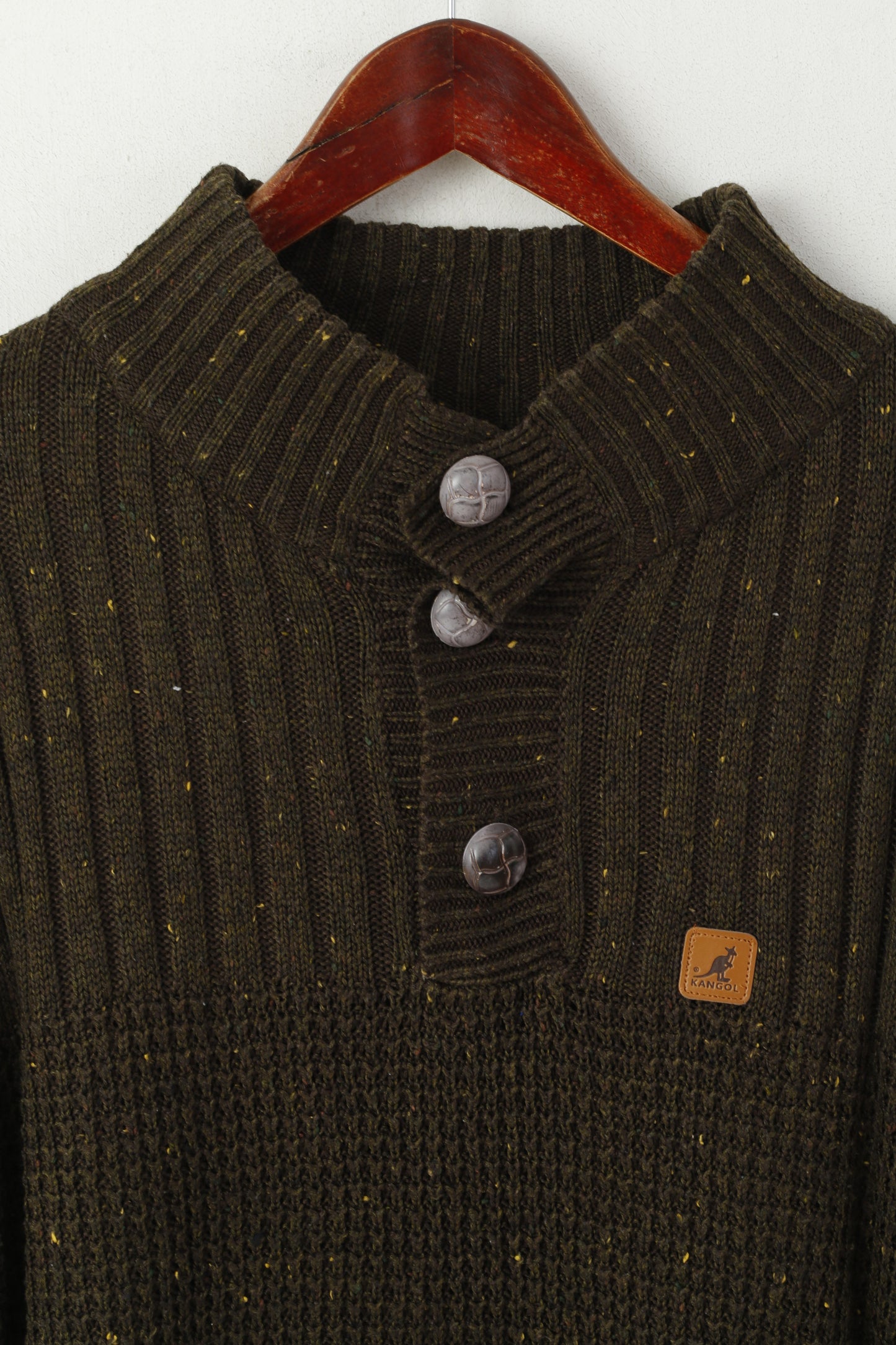 Kangol Men L Jumper Green Knitted Acrylic Button Neck Classic Sweater