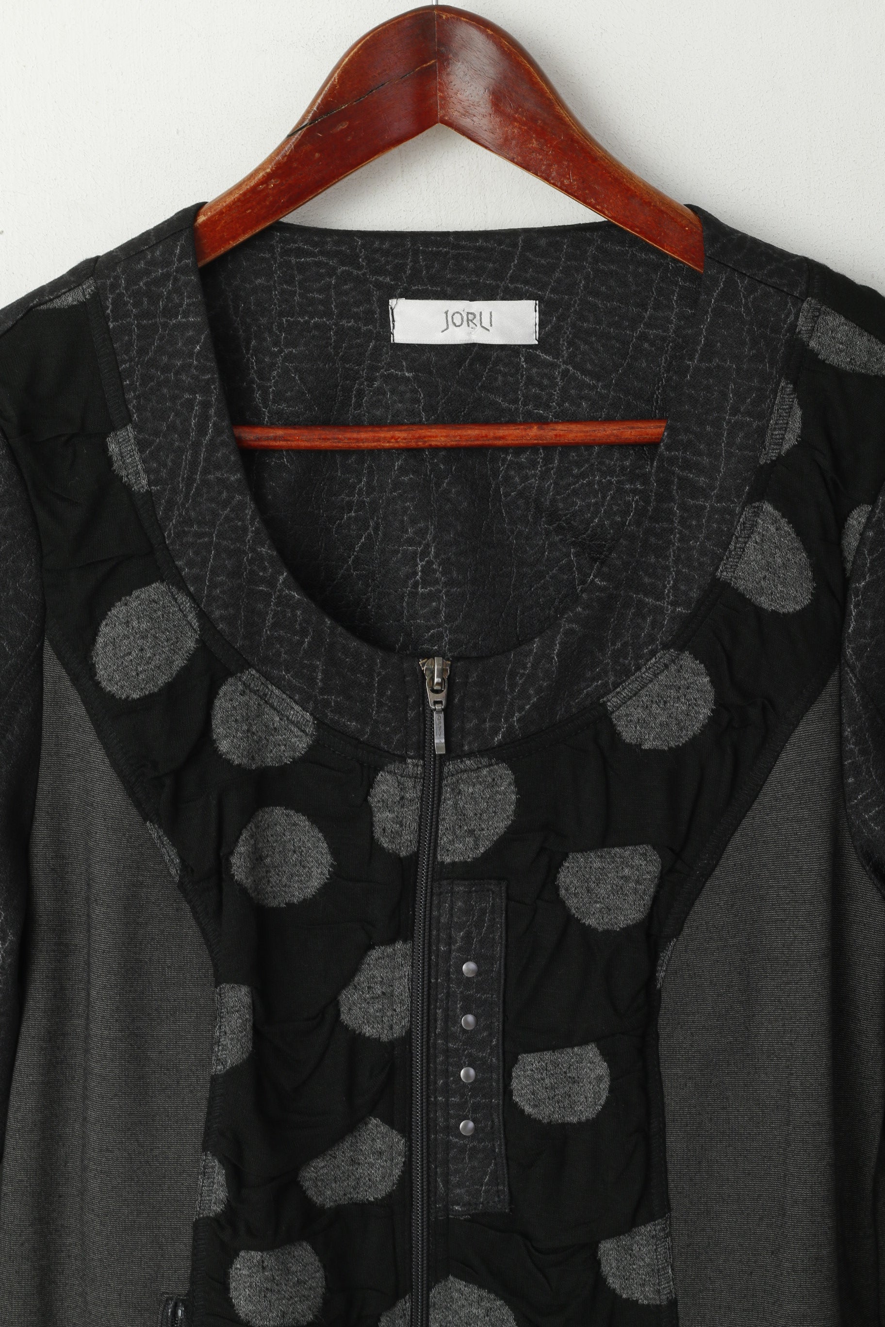 JORLI Femmes 14 40 M Pull Gris Zip Up Cardigan Patchwork Stretch Top