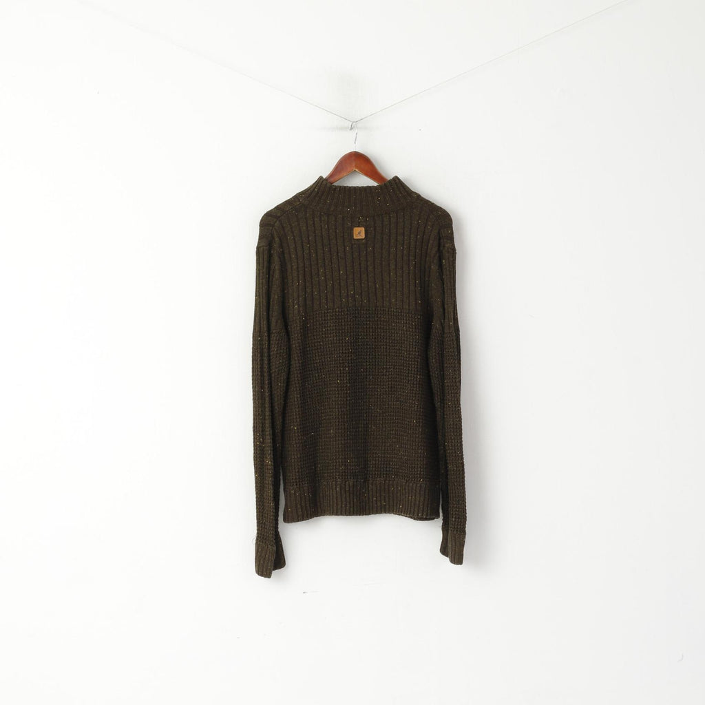 Kangol Men L Jumper Green Knitted Acrylic Button Neck Classic Sweater