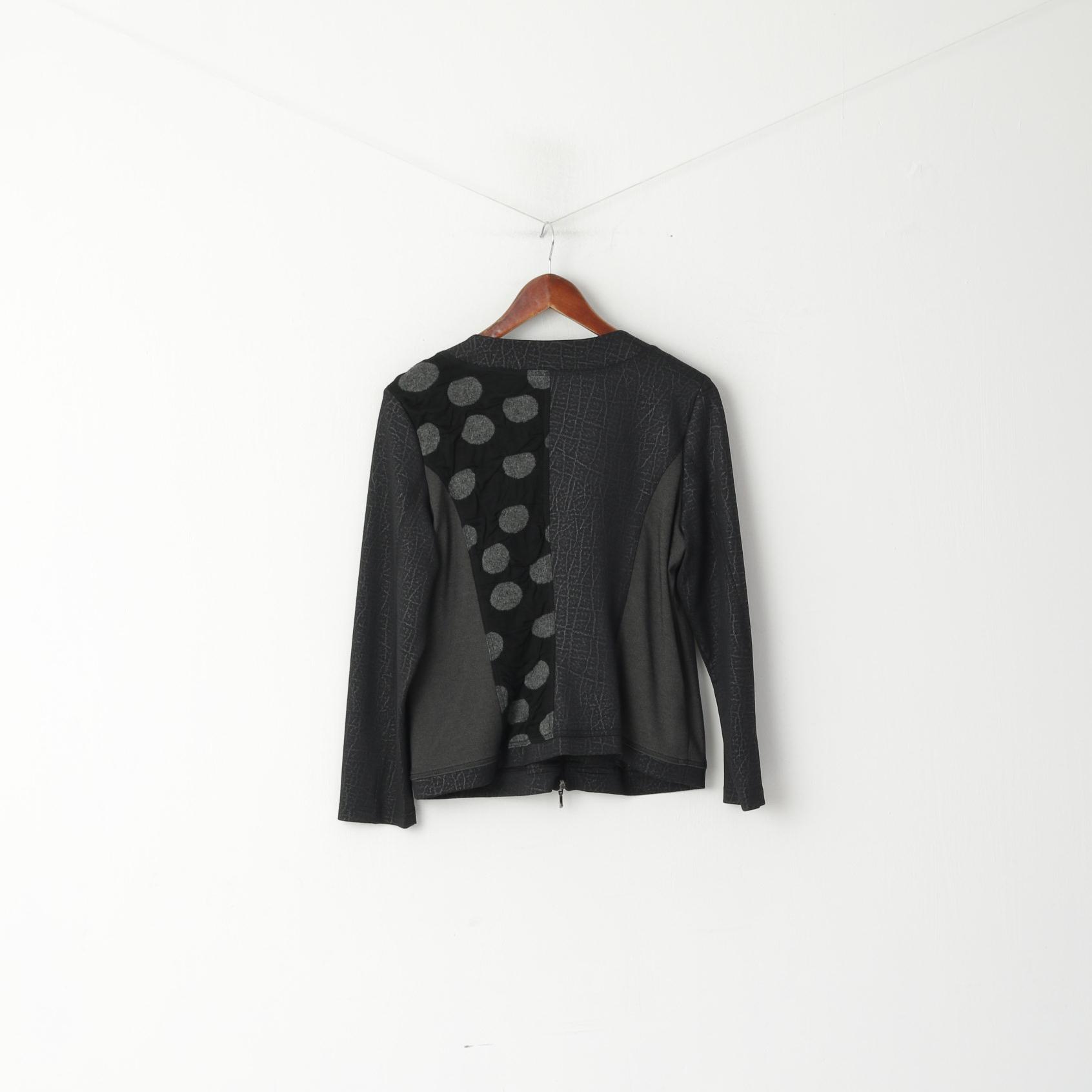 JORLI Femmes 14 40 M Pull Gris Zip Up Cardigan Patchwork Stretch Top