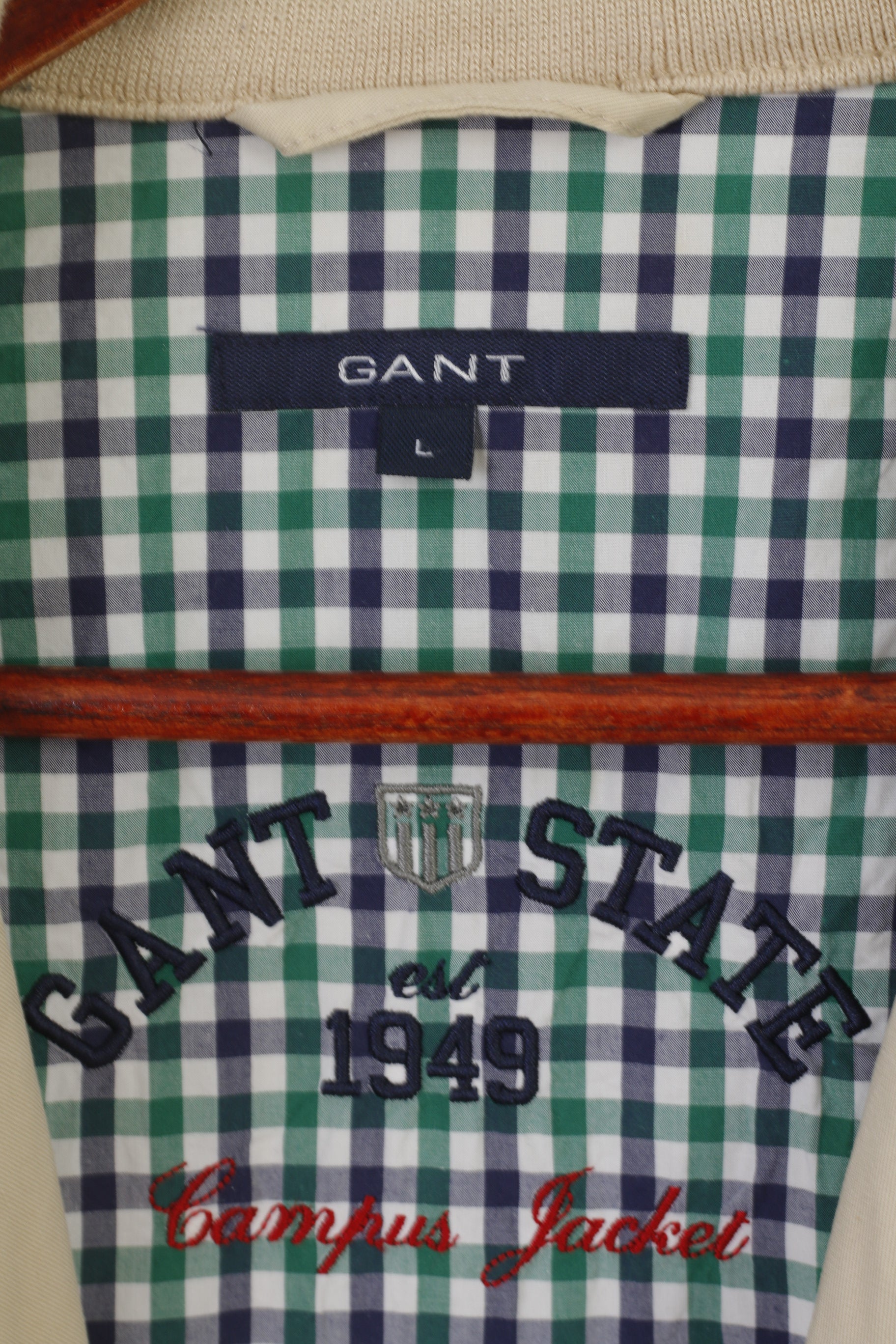 Gant Men L Jacket Beige Campus Cotton Full Zipper Classic Harrington Top