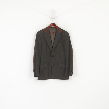 Zara Man Men 48 38 Blazer Marron Rayé Patch Veste Vintage À Simple Boutonnage