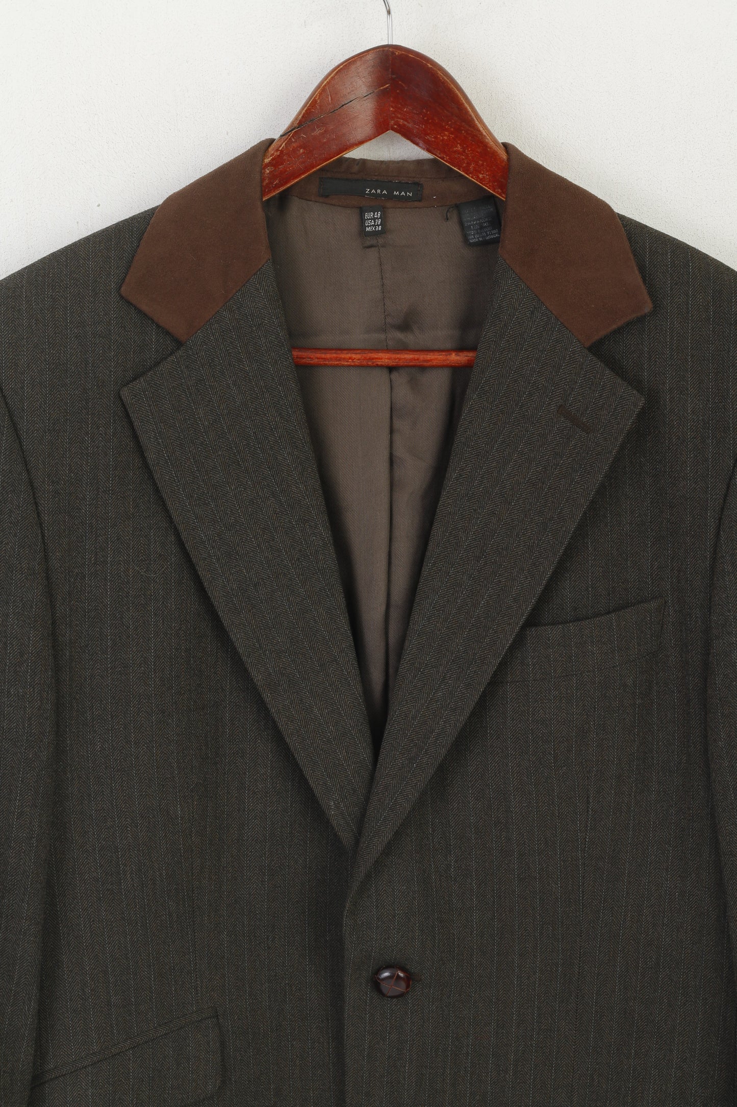 Zara Man Men 48 38 Blazer Marron Rayé Patch Veste Vintage À Simple Boutonnage