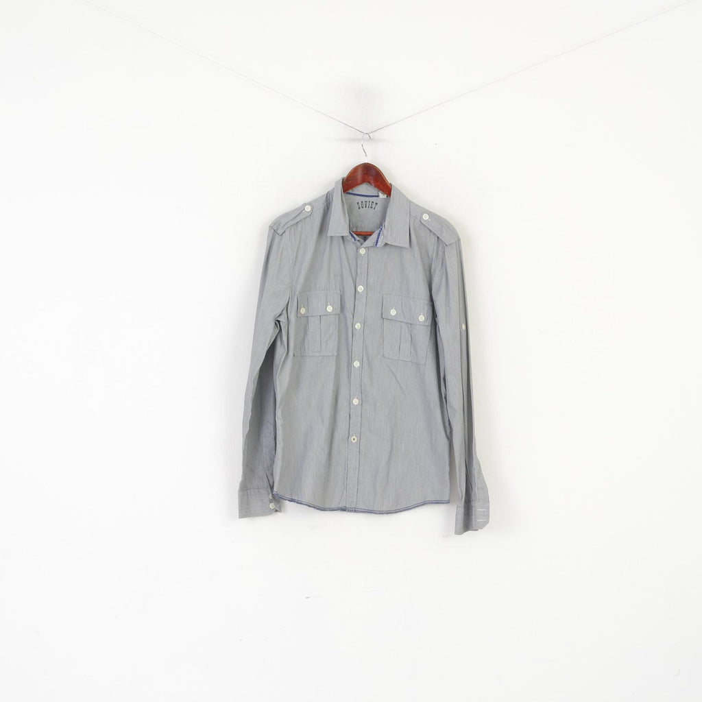 Soviétique Hommes L Chemise Décontractée Gris Coton Rayé Poche Slim Fit Haut À Manches Longues