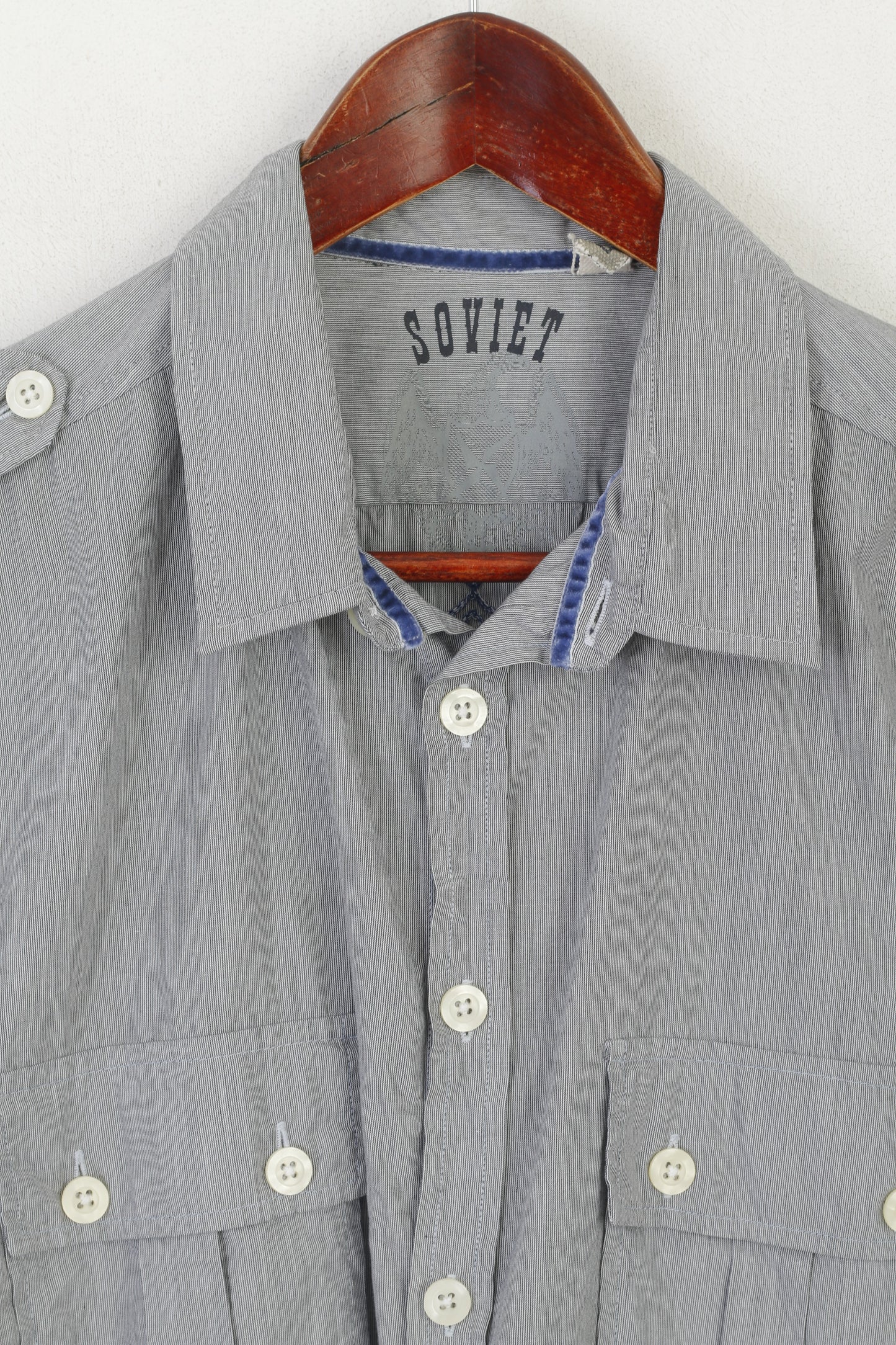 Soviet Men L Casual Shirt Gray Cotton Striped Pocket Slim Fit Long Sleeve Top