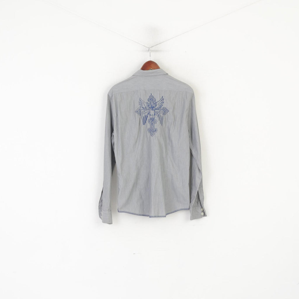 Soviétique Hommes L Chemise Décontractée Gris Coton Rayé Poche Slim Fit Haut À Manches Longues