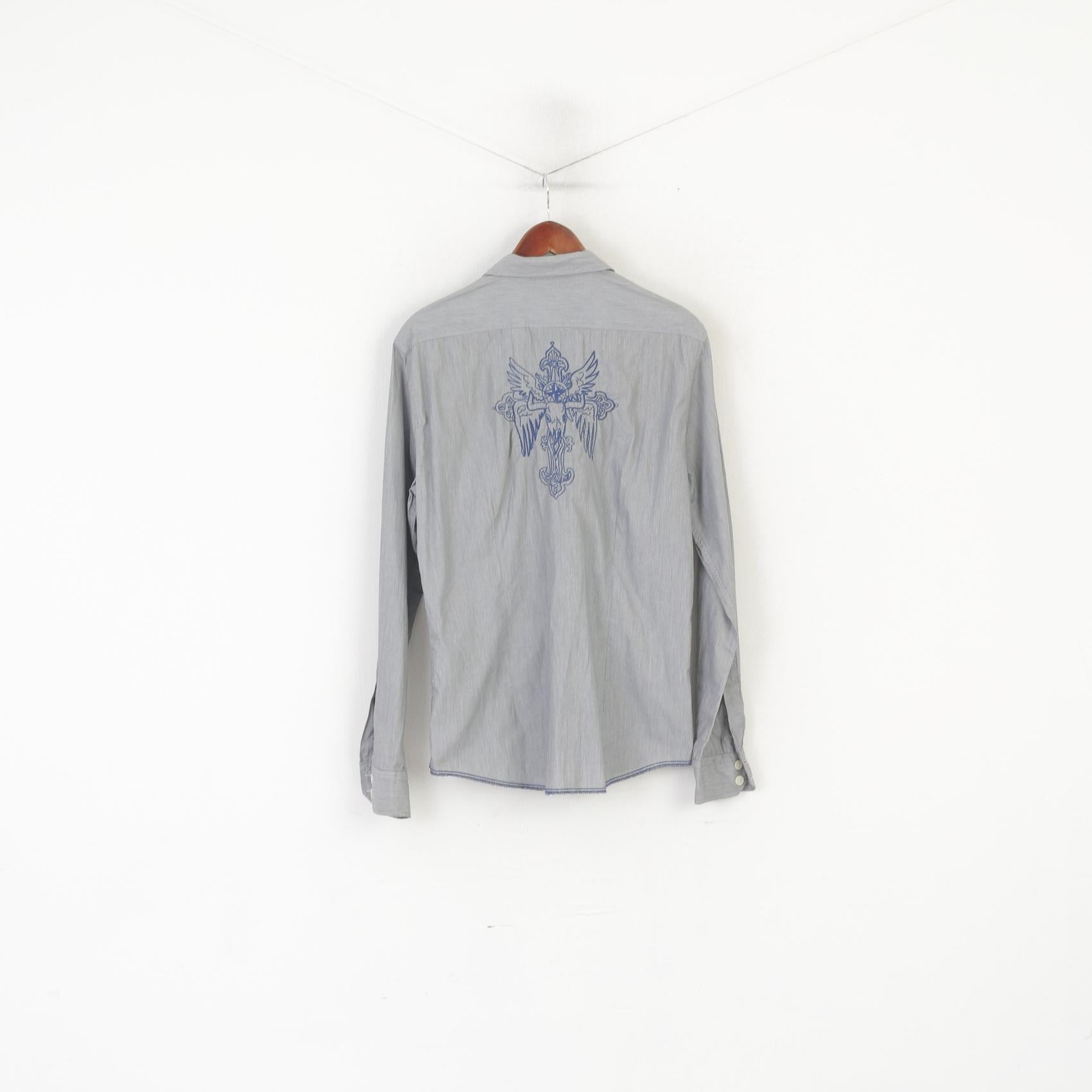 Soviétique Hommes L Chemise Décontractée Gris Coton Rayé Poche Slim Fit Haut À Manches Longues