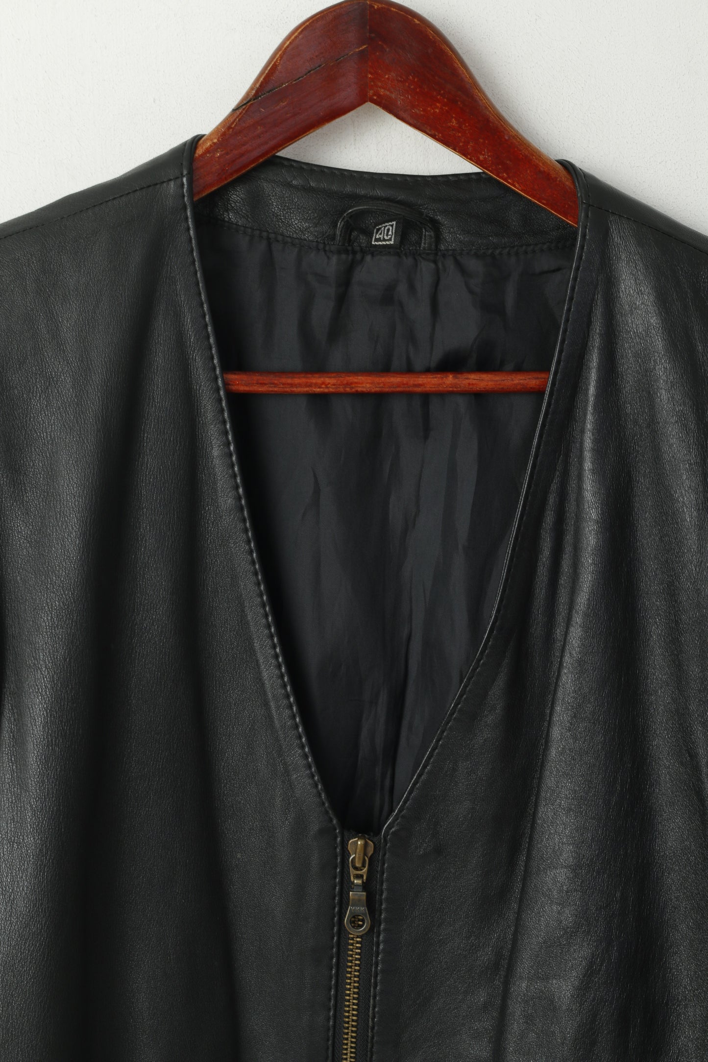 Yessica Women 40 Vest Black Leather Full Zipper Retro Pocket Classic Waistcoat