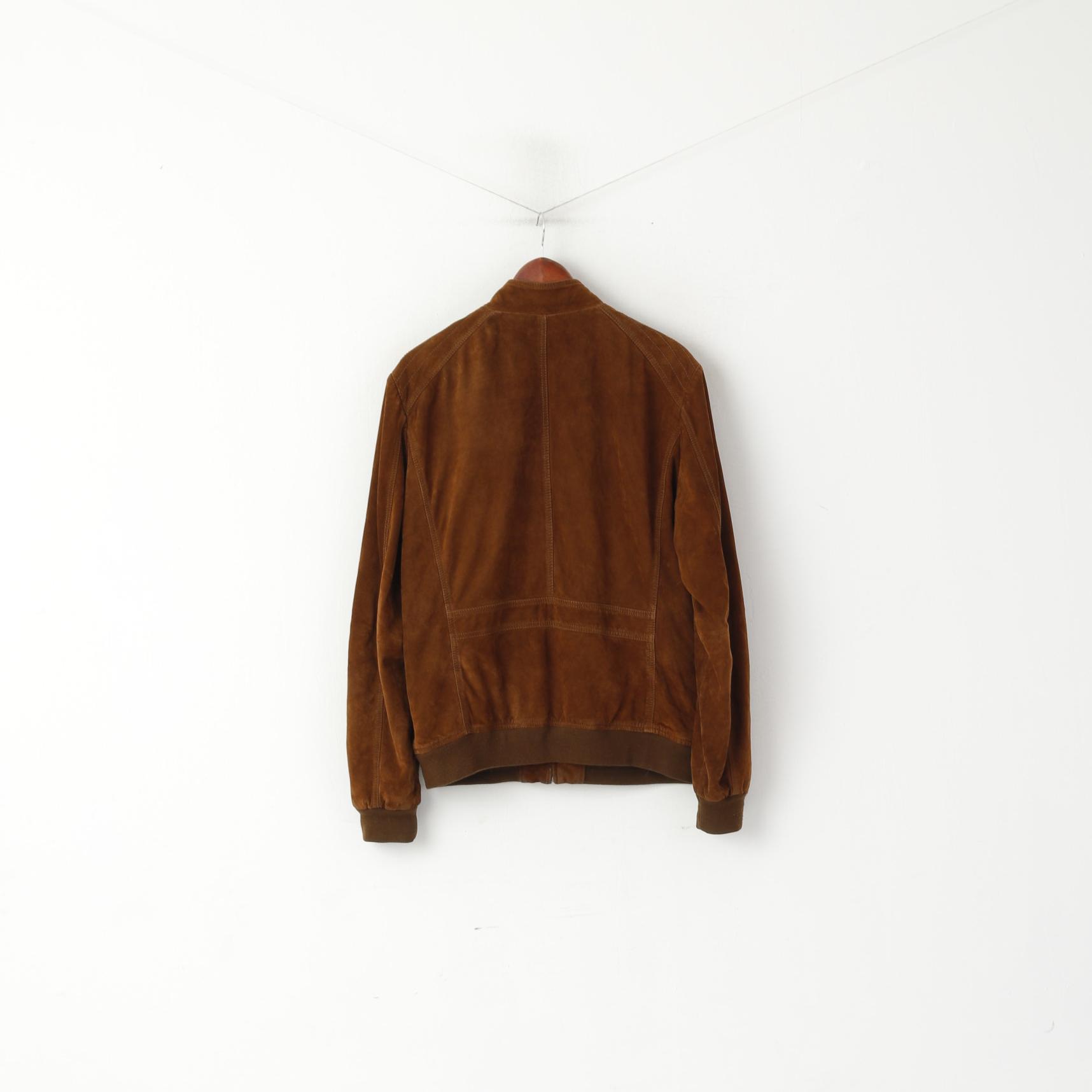 Saki Men 52 L Bomber Jacket Top da motociclista retrò in pelle scamosciata marrone con cerniera intera