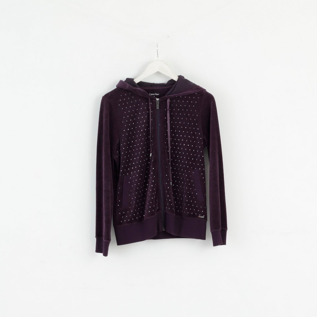 Calvin Klein Womens S Sweatshirt Plum Cotton Shiny Detailed Hooded Top