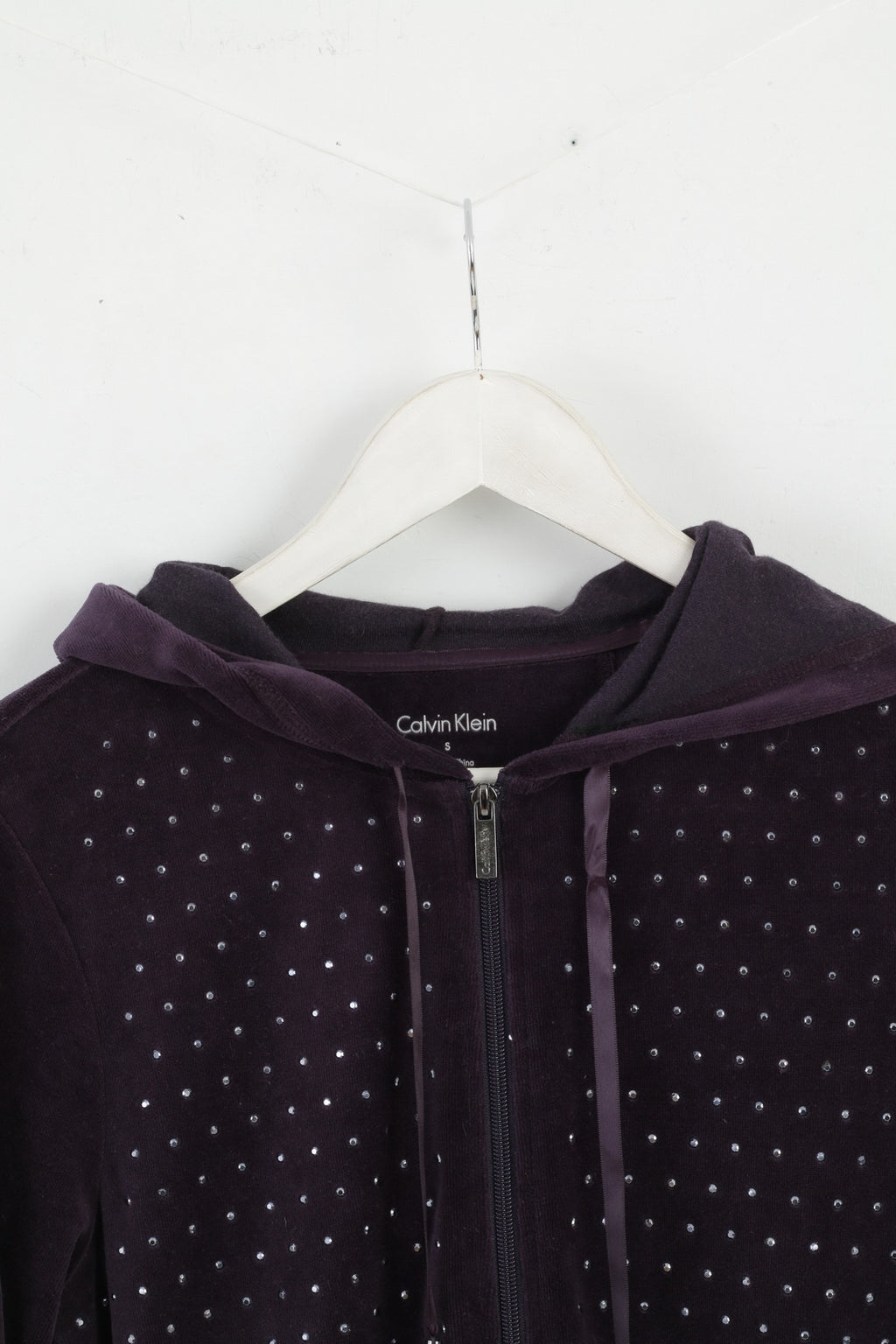 Calvin Klein Womens S Sweatshirt Plum Cotton Shiny Detailed Hooded Top