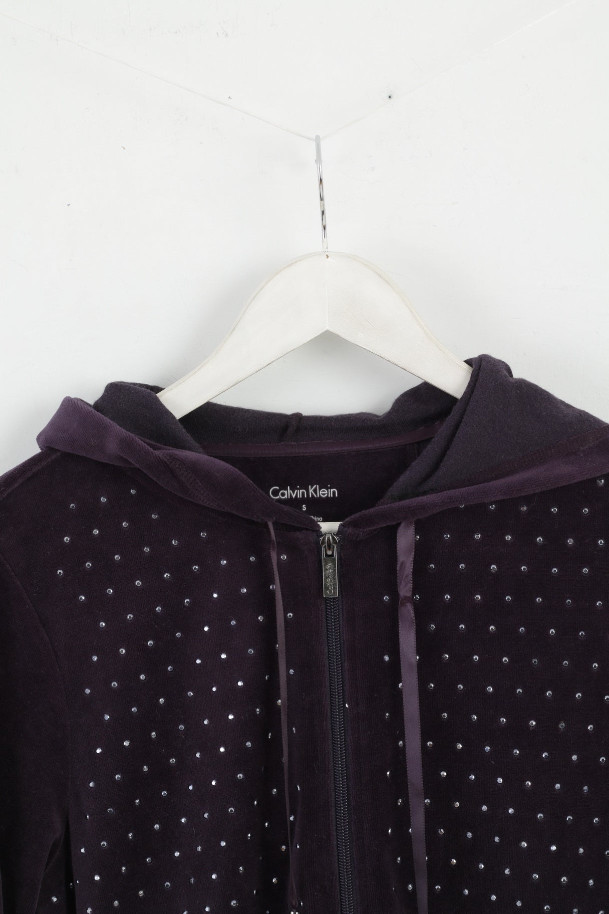 Calvin Klein Womens S Sweatshirt Plum Cotton Shiny Detailed Hooded Top