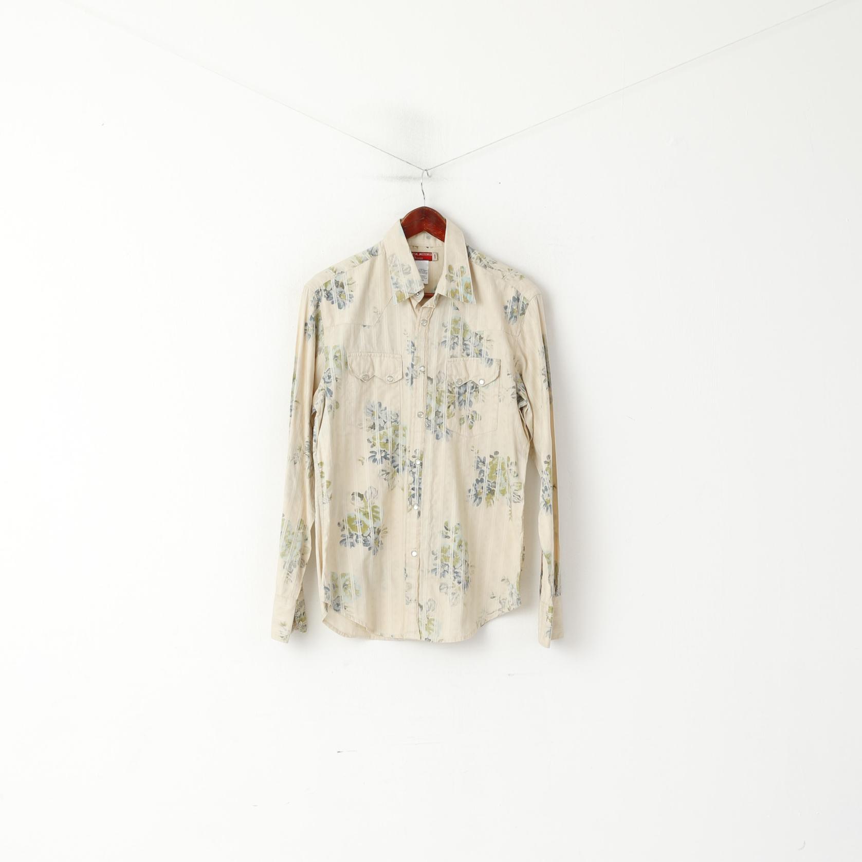 Guess Men S Casual Shirt Beige Floral Cotton Striped Vintage Long Sleeve Top