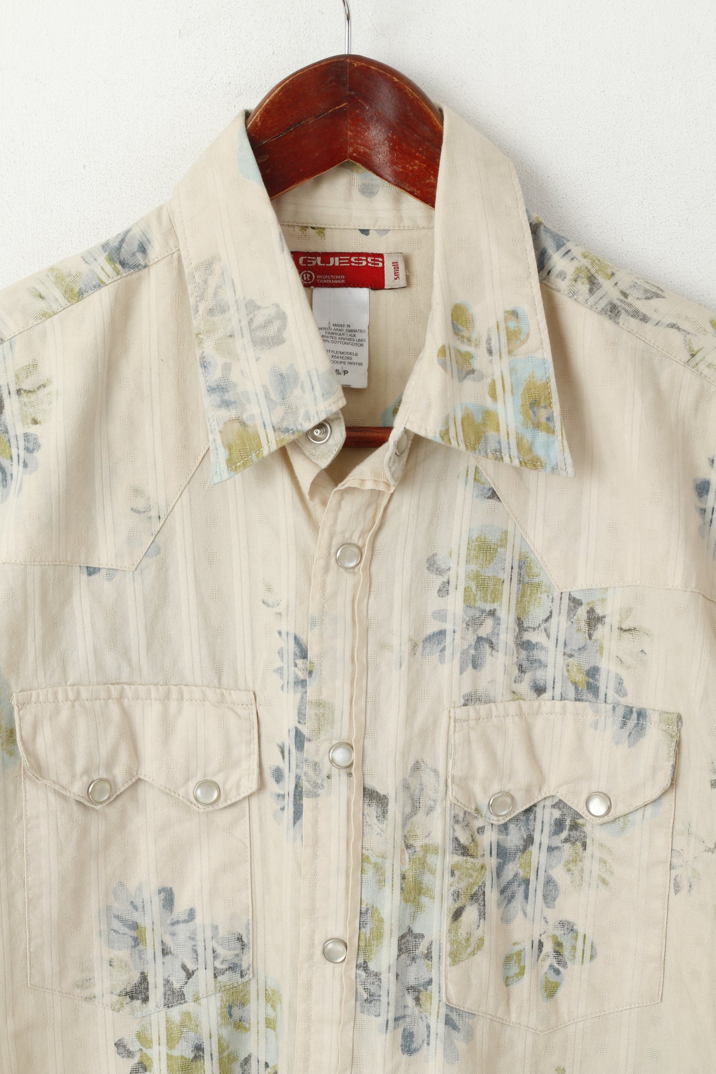 Guess Men S Casual Shirt Beige Floral Cotton Striped Vintage Long Sleeve Top