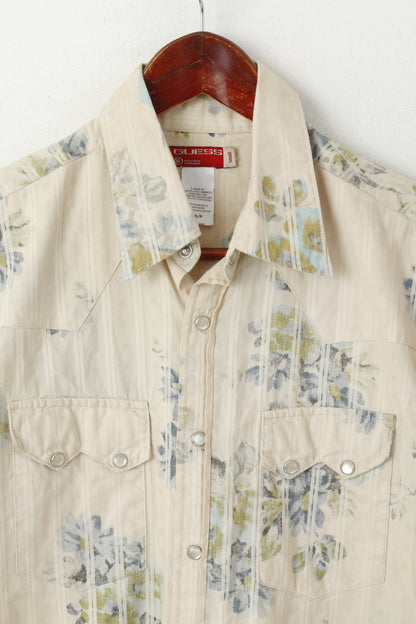 Guess Men S Casual Shirt Beige Floral Cotton Striped Vintage Long Sleeve Top