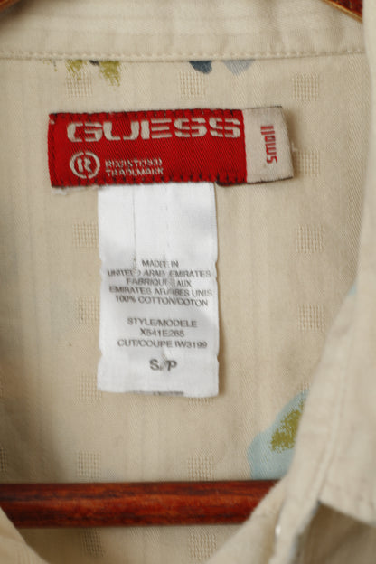 Guess Men S Casual Shirt Beige Floral Cotton Striped Vintage Long Sleeve Top