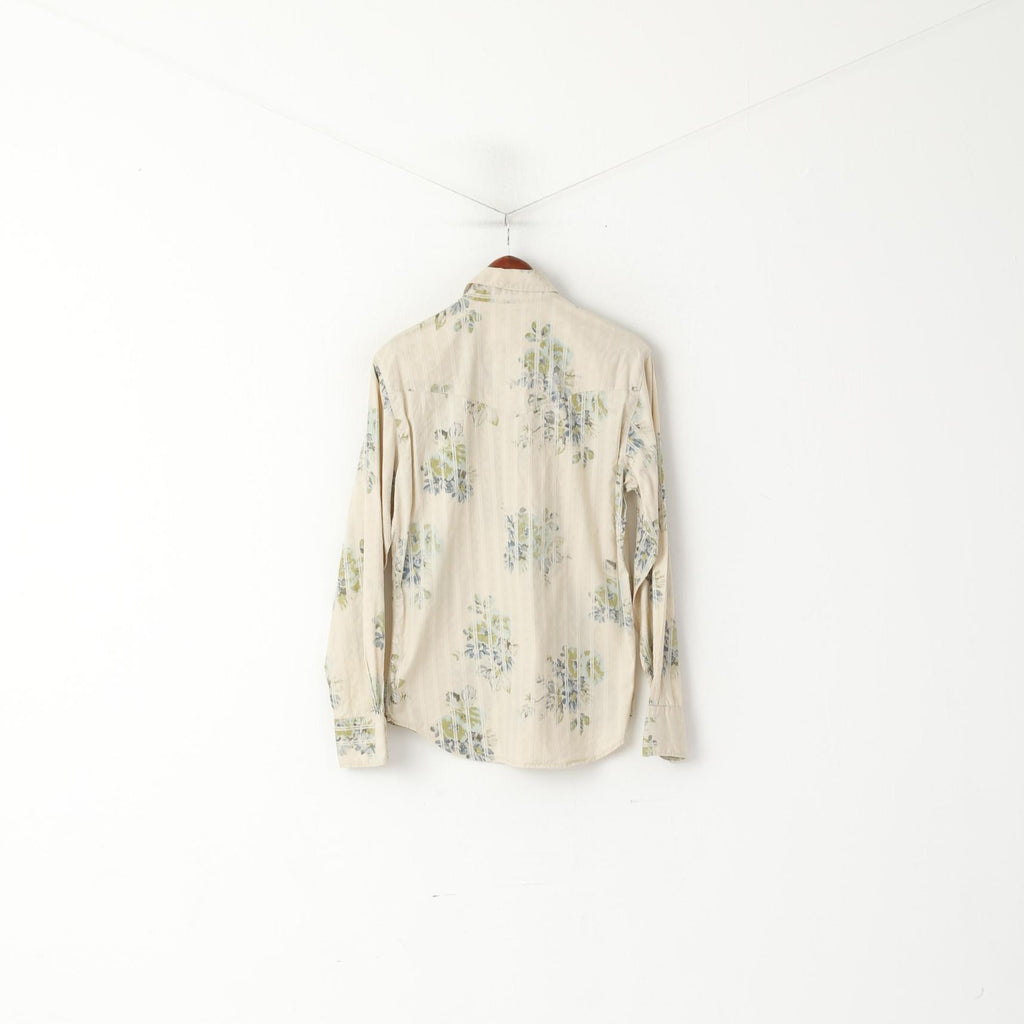 Guess Men S Casual Shirt Beige Floral Cotton Striped Vintage Long Sleeve Top