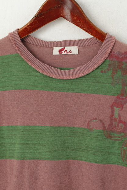 Camicia Rule da uomo L (M) Top a maniche corte con dettagli vintage in cotone a righe verde viola
