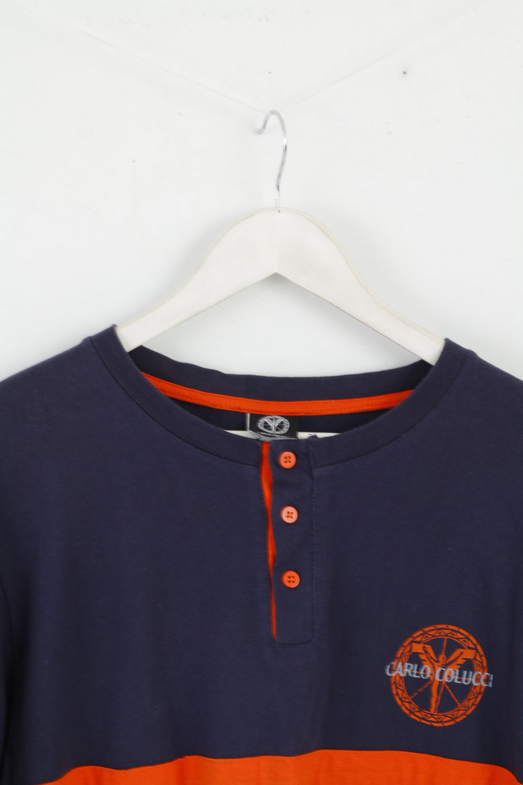 Carlo Colucci Mens L T-Shirt Navy Cotton Classic Logo Retro Top