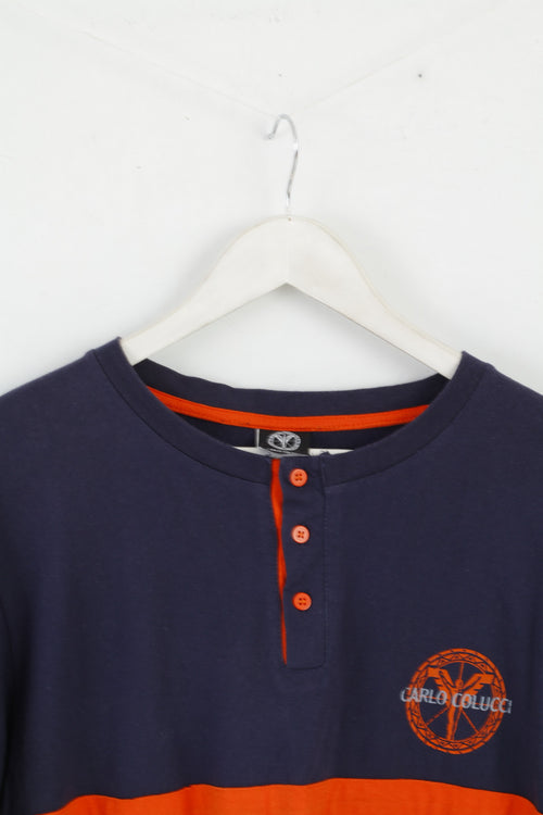 Carlo Colucci T-shirt da uomo L in cotone blu scuro con logo classico retrò
