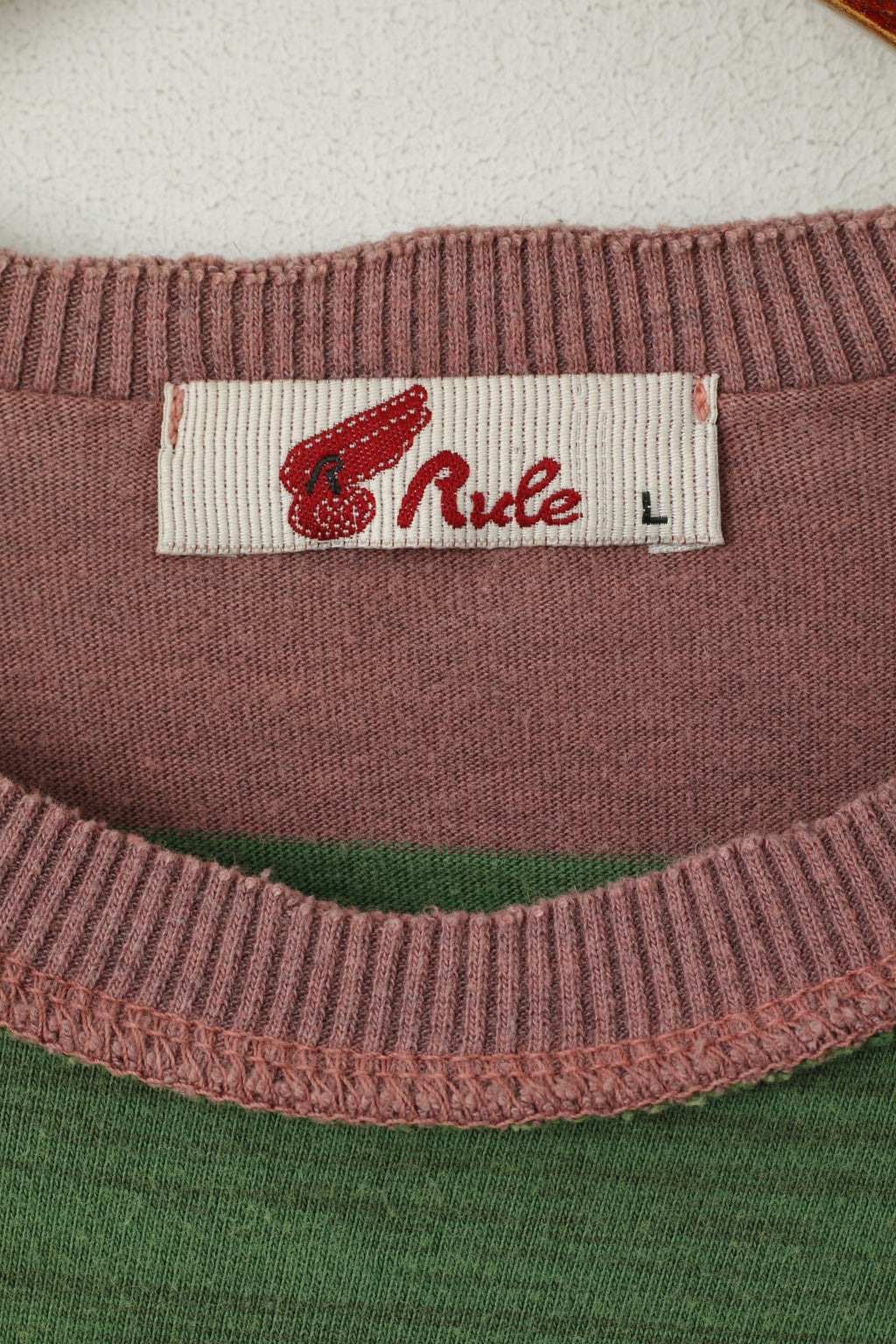 Rule Men L (M) Chemise Vert Violet Rayé Coton Vintage Détaillé Manches Courtes Haut