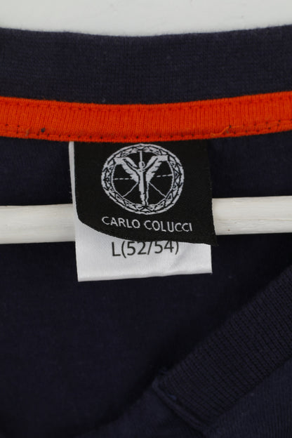 Carlo Colucci T-shirt da uomo L in cotone blu scuro con logo classico retrò