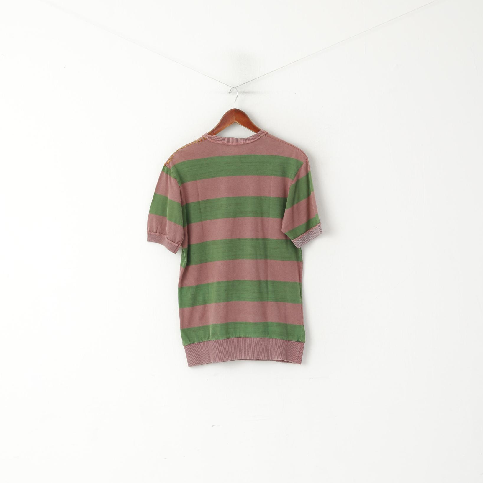 Rule Men L (M) Chemise Vert Violet Rayé Coton Vintage Détaillé Manches Courtes Haut