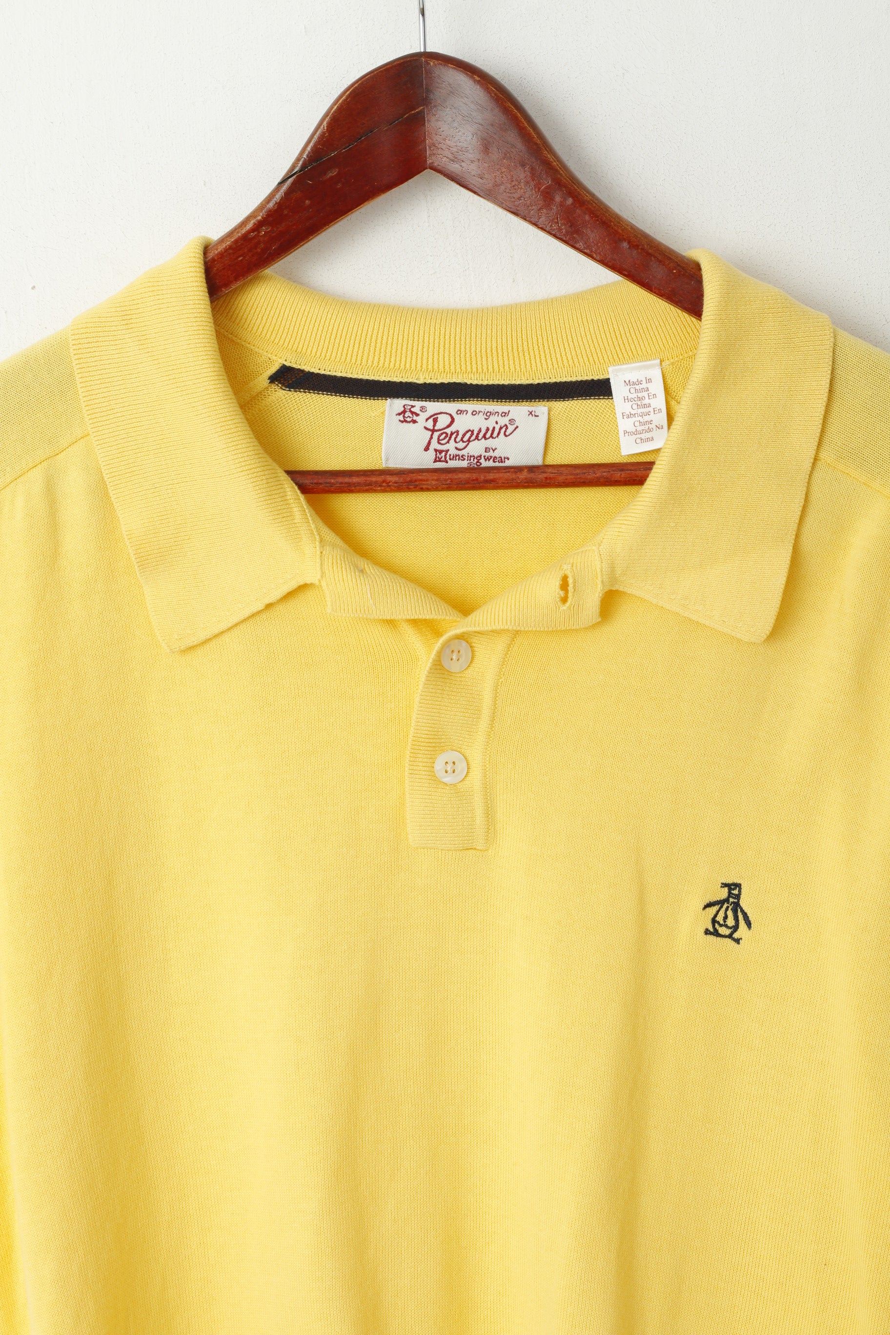 Penguin Men XL Polo Shirt Yellow Jumper Cotton Button Neck Stretch Top