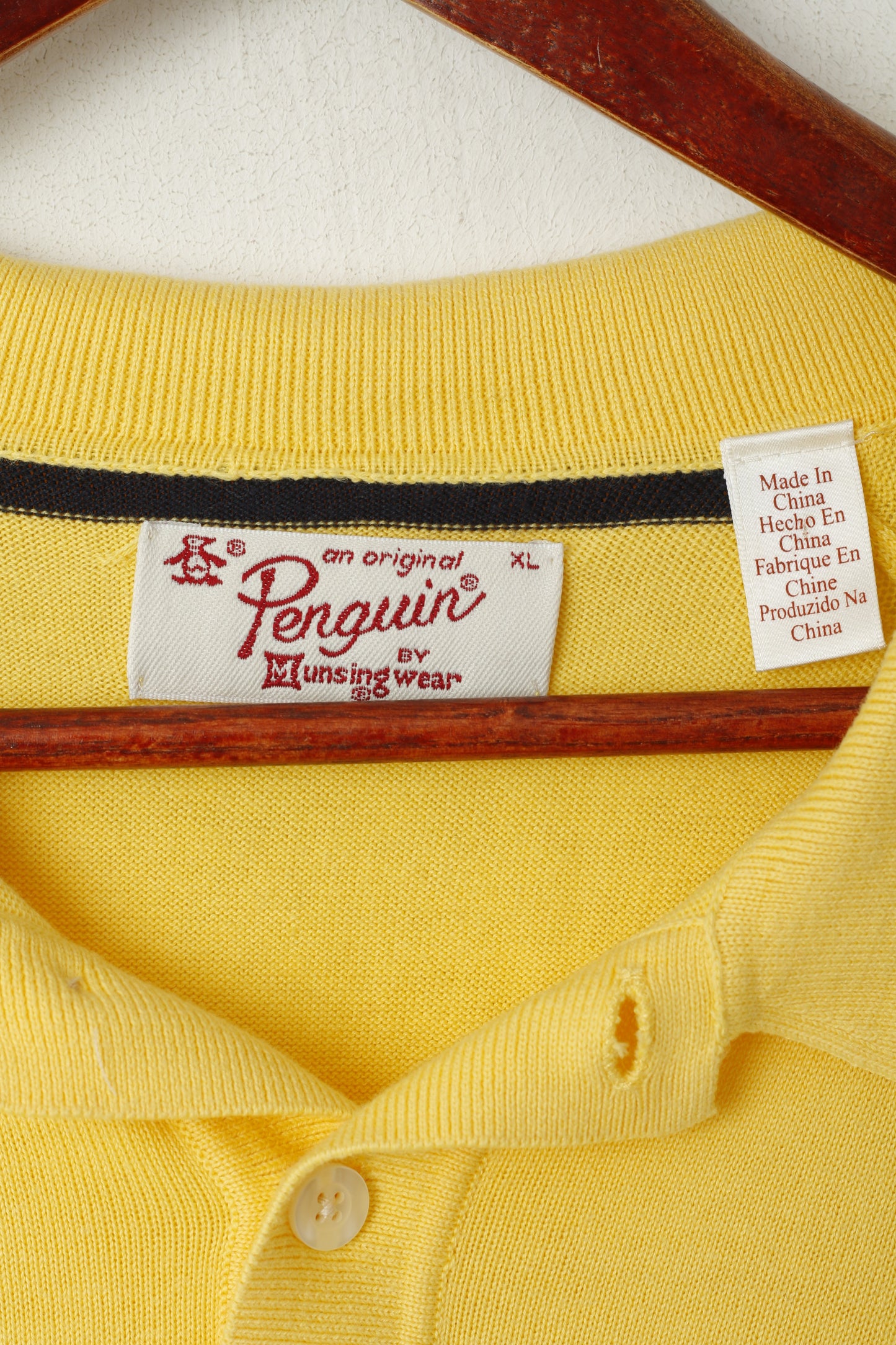 Penguin Men XL Polo Shirt Yellow Jumper Cotton Button Neck Stretch Top