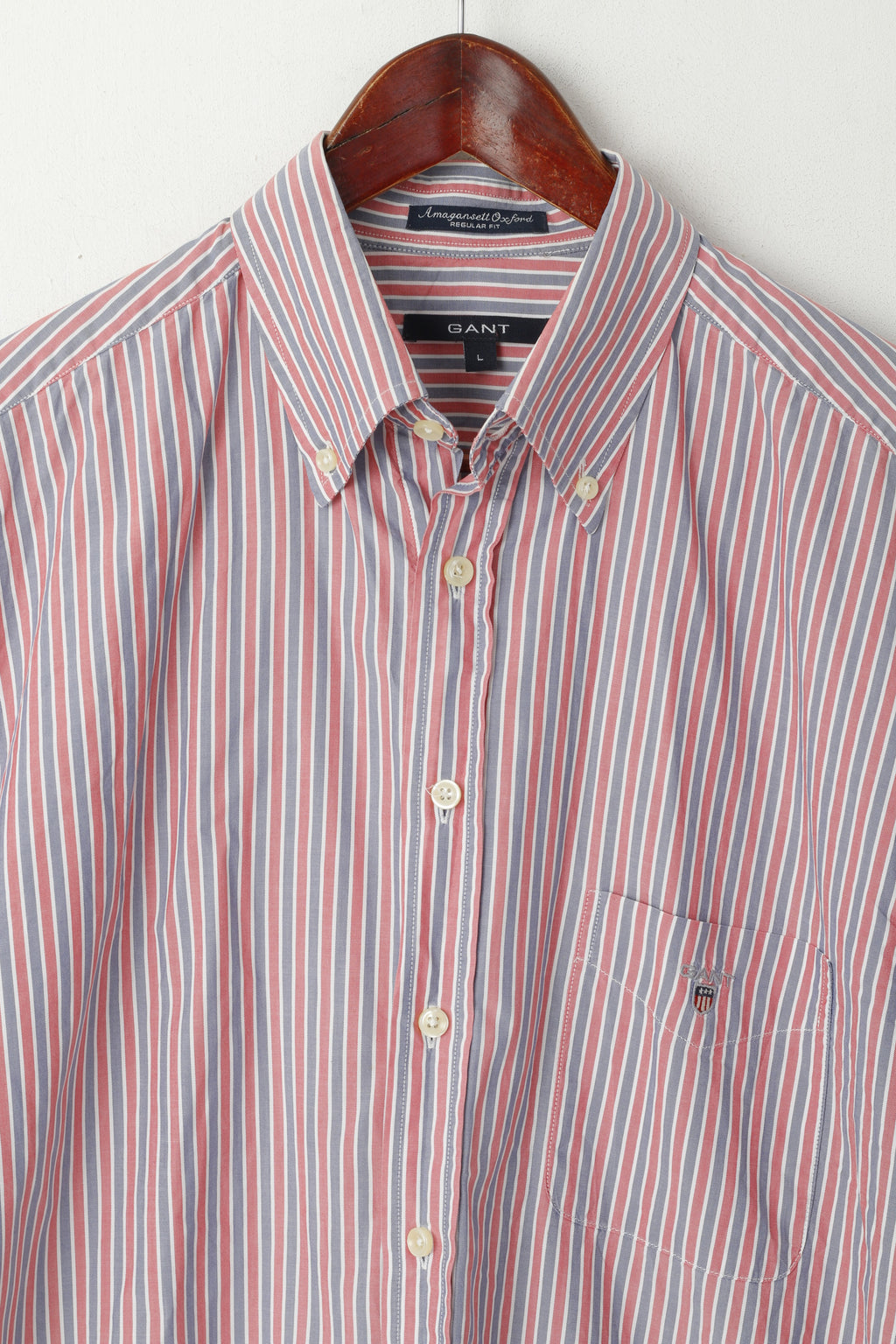 GANT Men L Casual Shirt Red Blue Striped Cotton Amagansett Oxford Fit Short Sleeve Top