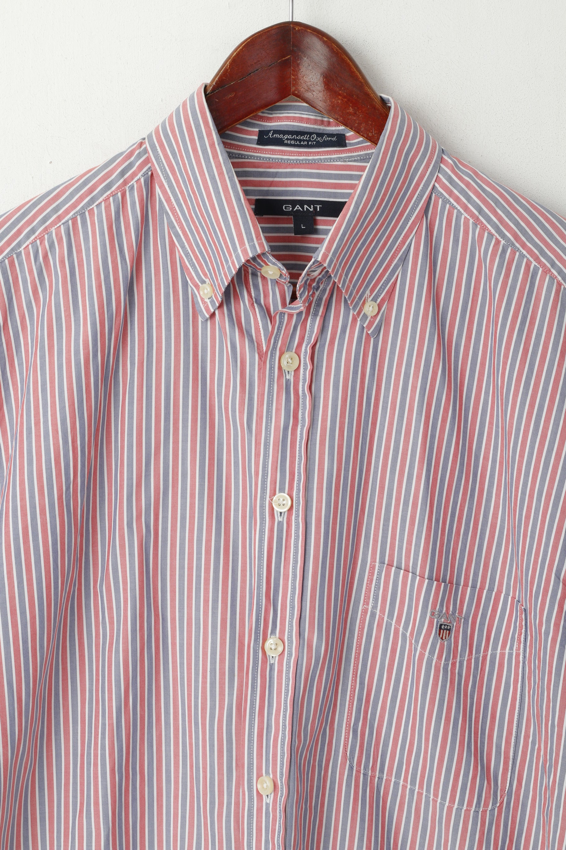 GANT Men L Casual Shirt Red Blue Striped Cotton Amagansett Oxford Fit Short Sleeve Top
