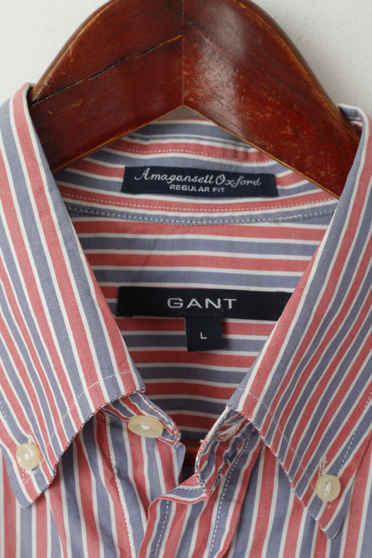 GANT Men L Casual Shirt Red Blue Striped Cotton Amagansett Oxford Fit Short Sleeve Top
