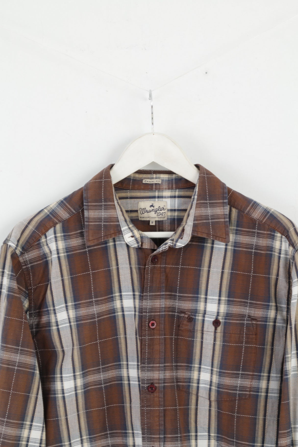 Wrangler Mens M Casual Shirt Brown Check Cotton Casual Fit Country Top