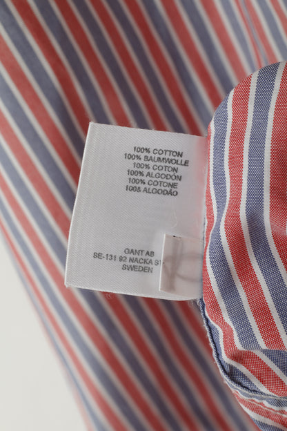 GANT Men L Casual Shirt Red Blue Striped Cotton Amagansett Oxford Fit Short Sleeve Top