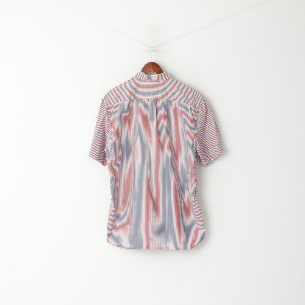 GANT Men L Casual Shirt Red Blue Striped Cotton Amagansett Oxford Fit Short Sleeve Top