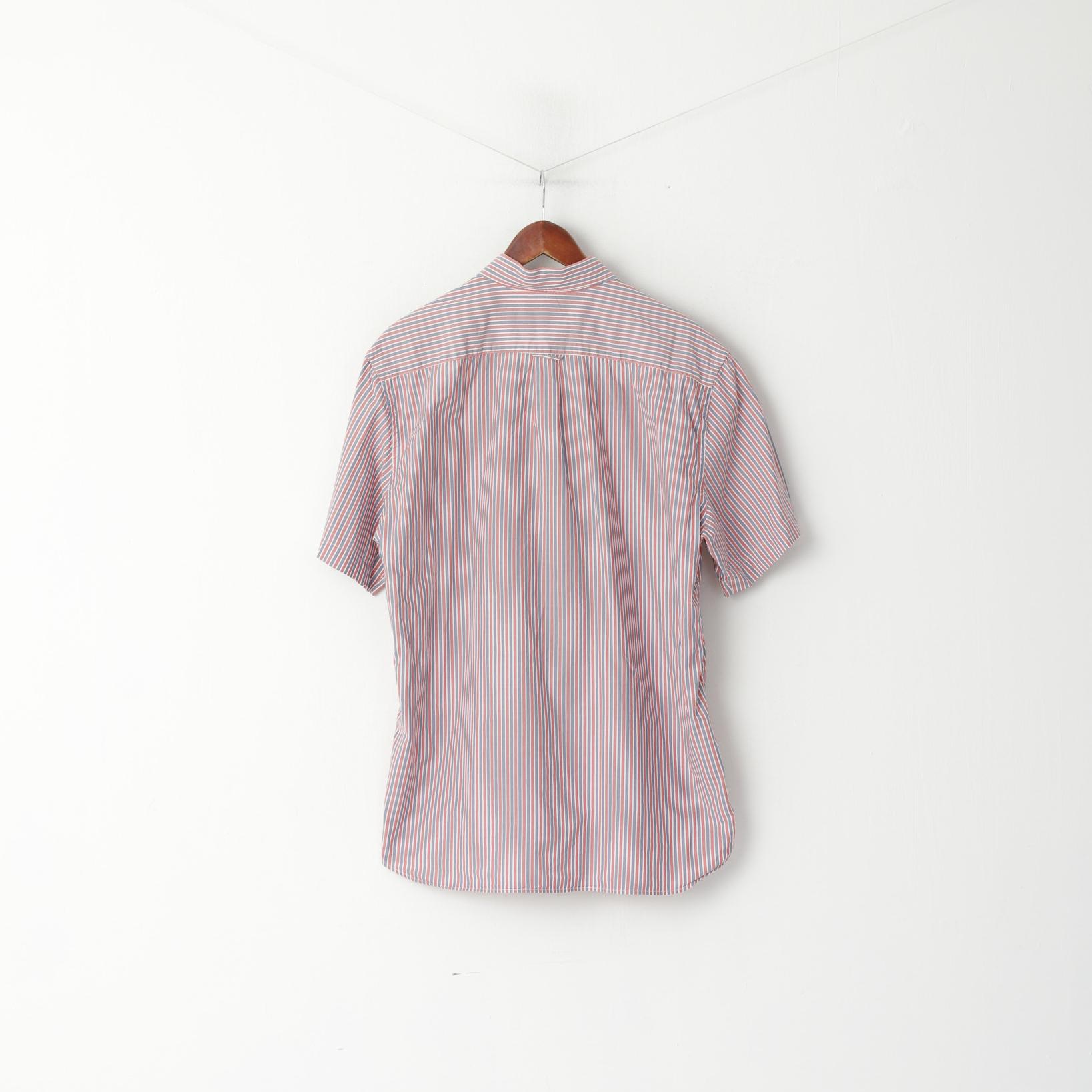 GANT Men L Casual Shirt Red Blue Striped Cotton Amagansett Oxford Fit Short Sleeve Top