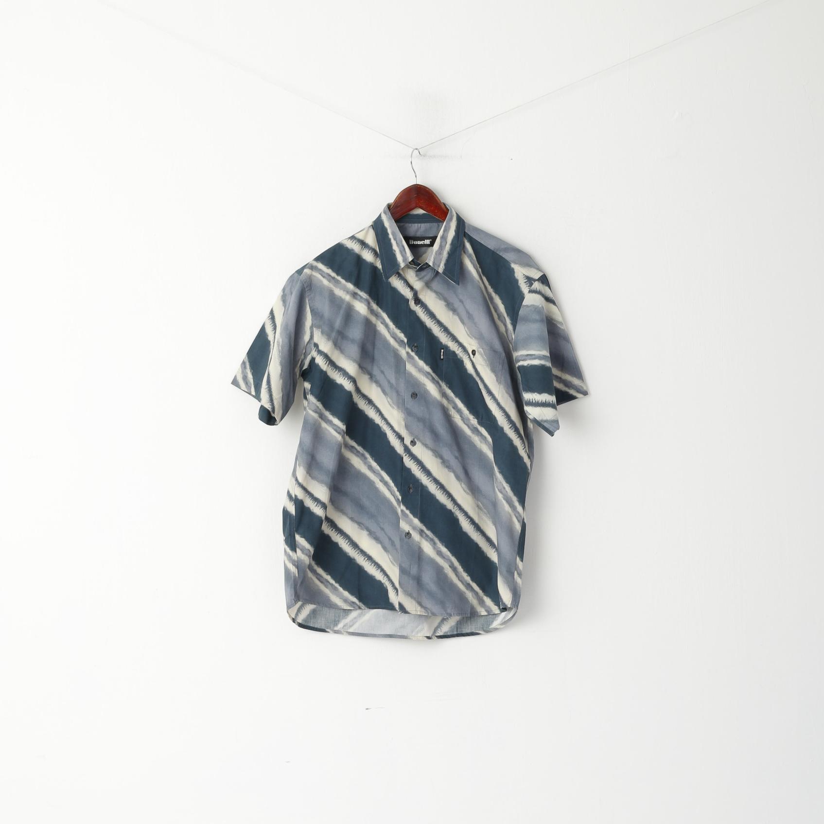 Donelli Men M Casual Shirt Grey Cotton Pocket Short Sleeve Retro Top