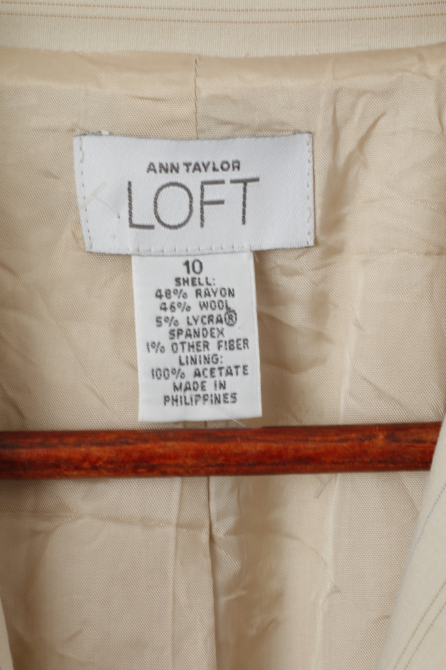 Ann Taylor LOFT Women 10 M Blazer Beige Striped Rayon Wool Blend Single Breasted Jacket