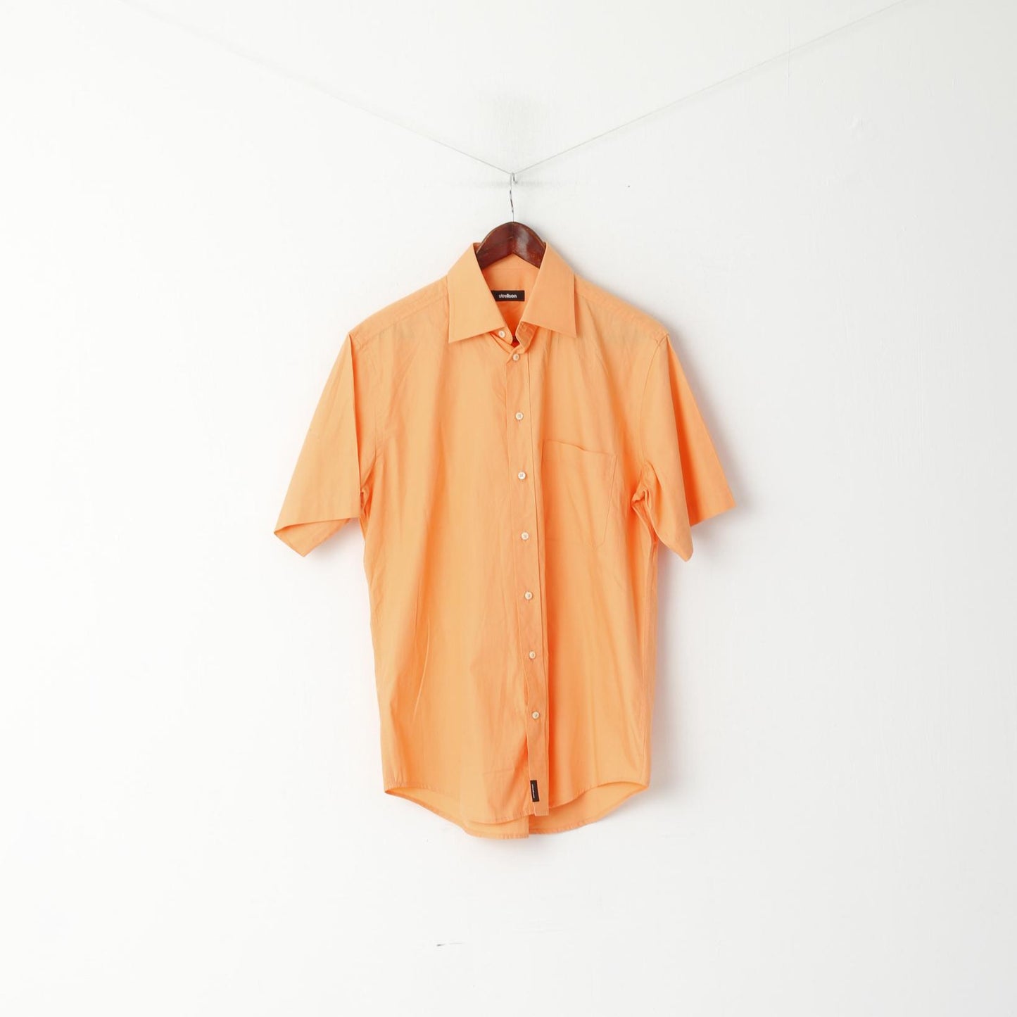 Strellson Men 39 15.5 M Casual Shirt Orange Cotton Plain Short Sleeve Top