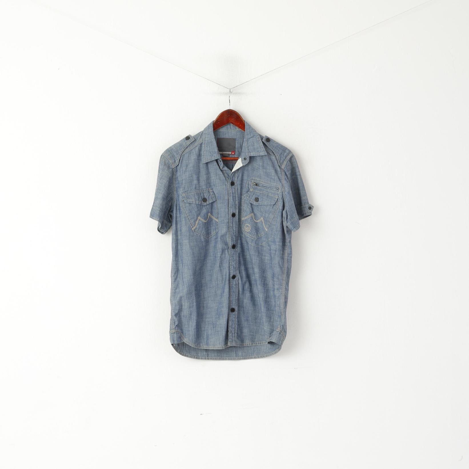Duck and Cover Men M Casual Shirt Blue Jeans Cotton Pocket Short Sleeve Snap Top