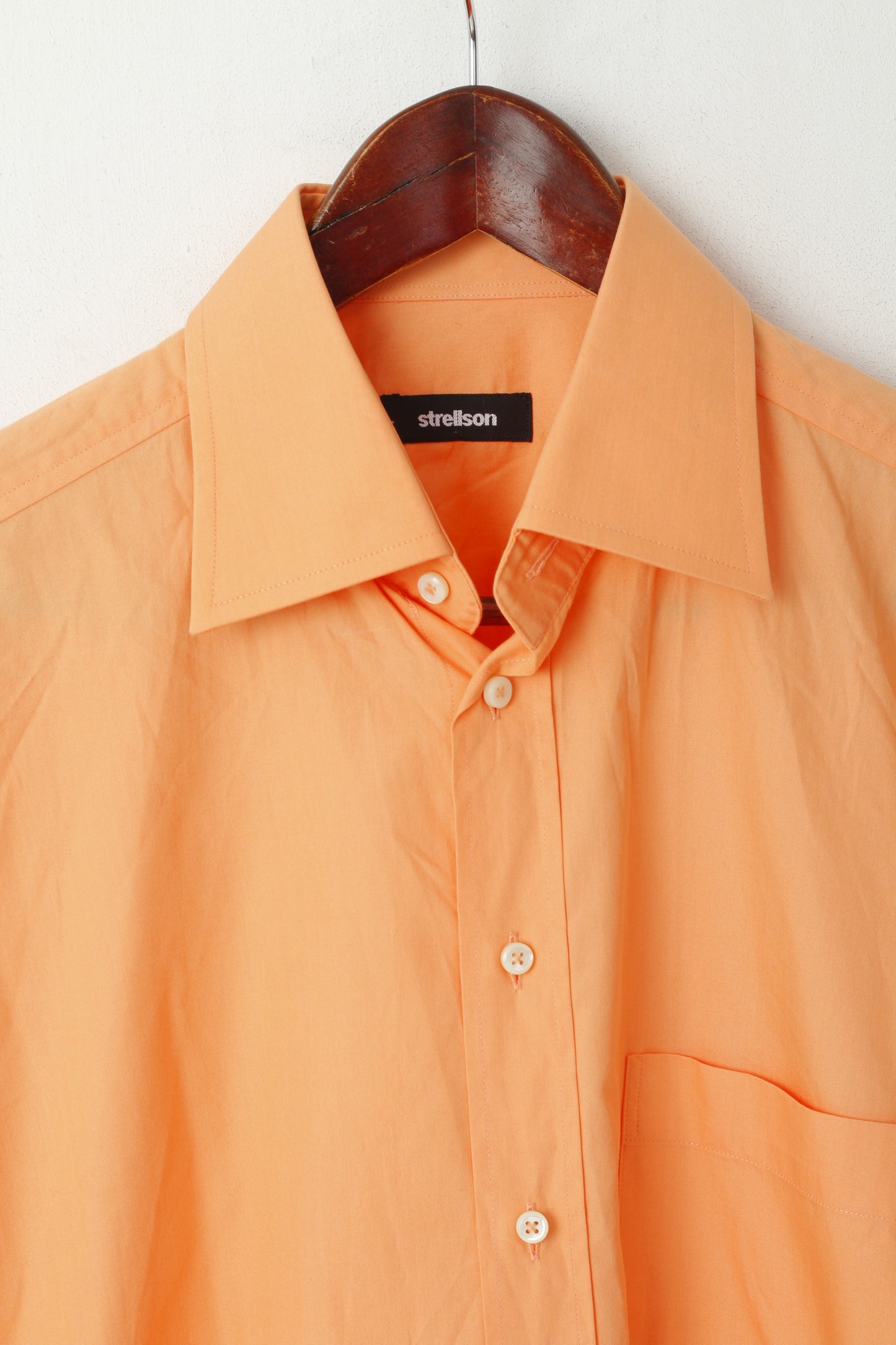 Strellson Men 39 15.5 M Casual Shirt Orange Cotton Plain Short Sleeve Top