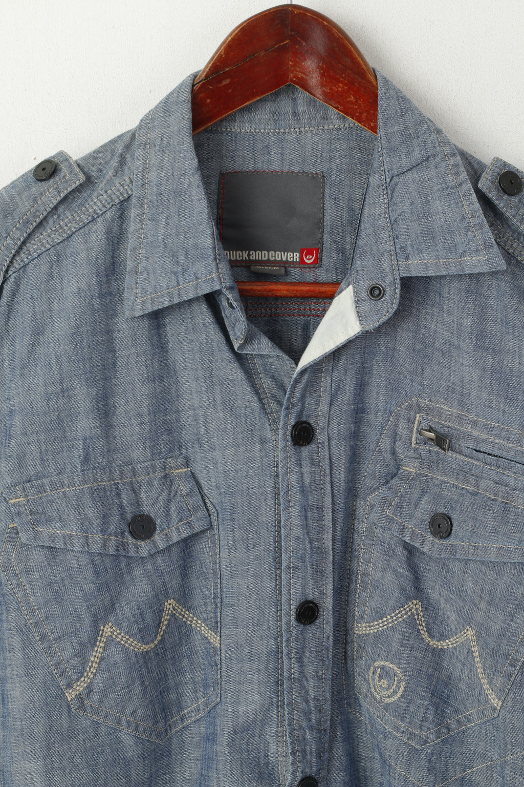 Duck and Cover Men M Casual Shirt Blue Jeans Cotton Pocket Short Sleeve Snap Top